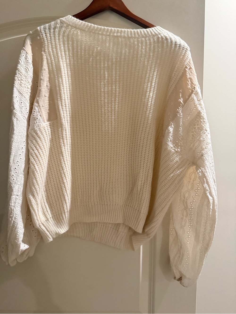 DAVI & DANI Ivory Knit Sweater with Eyelet Lace Balloon Sleeves